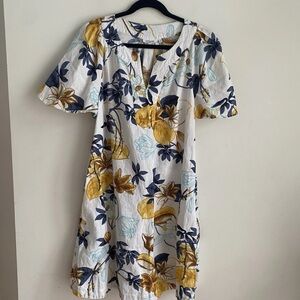 Chico's Blue, White & Gold Floral Linen Coastal Grandma Oversized Midi Dress 2